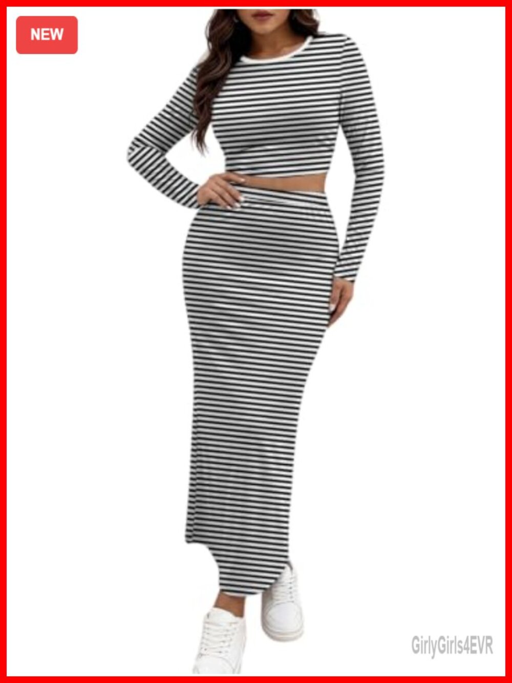 Women's 2 Piece Maxi Skirt Set Long Sleeve Crop Top Matching Outfit